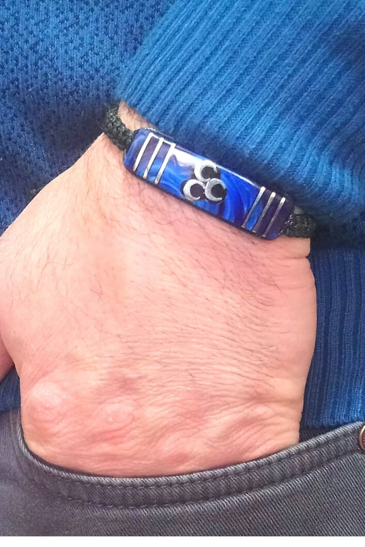 Unisex 925 Ayar Gümüş 3 Hilal Işleme Deri Örmeli Kehribar Bileklik